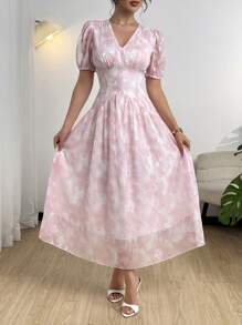 Modelyn Summer Elegant Jacquard Tie-Dye Print Puffed Sleeve Dress - Pink - View 5