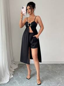SHEIN Clasi Women Black Elegant Spaghetti Strap Long Top With A-Line Shorts 2 Pieces Set - Black - View 1