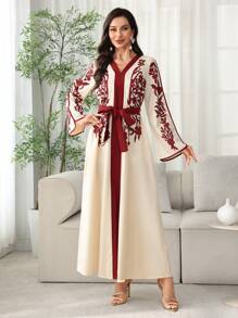 SHEIN Najma 2025春夏宽松束腰撞色印花长裙，端庄 - 杏色 - 查看 4