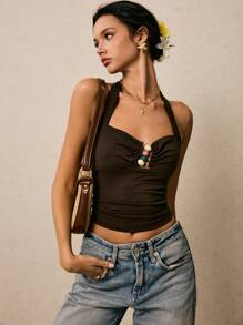 Poéselle Top corto marrón con cuello de halter y cuentas, ropa de calle de estilo boho, ideal para vacaciones de verano, conciertos de música country y festivales