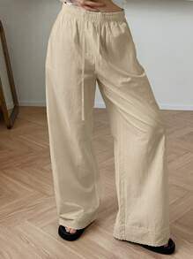 DAZY Minimalistic Lace Patchwork Loose Fitting Pajama Pants, Back To School , Fall - Khaki - View 5