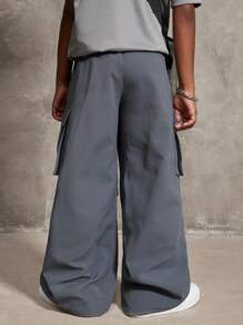 SHEIN 青少年女孩裤子，带侧盖口袋，宽松工装裤，男孩宽松工装裤，男孩工装裤运动裤 - 灰色 - 查看 3