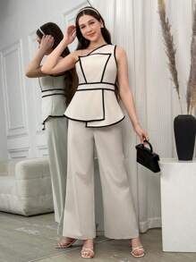 2pcs/Set Teen Girls Asymmetric Shoulder Top And Pants Set - Apricot - View 1