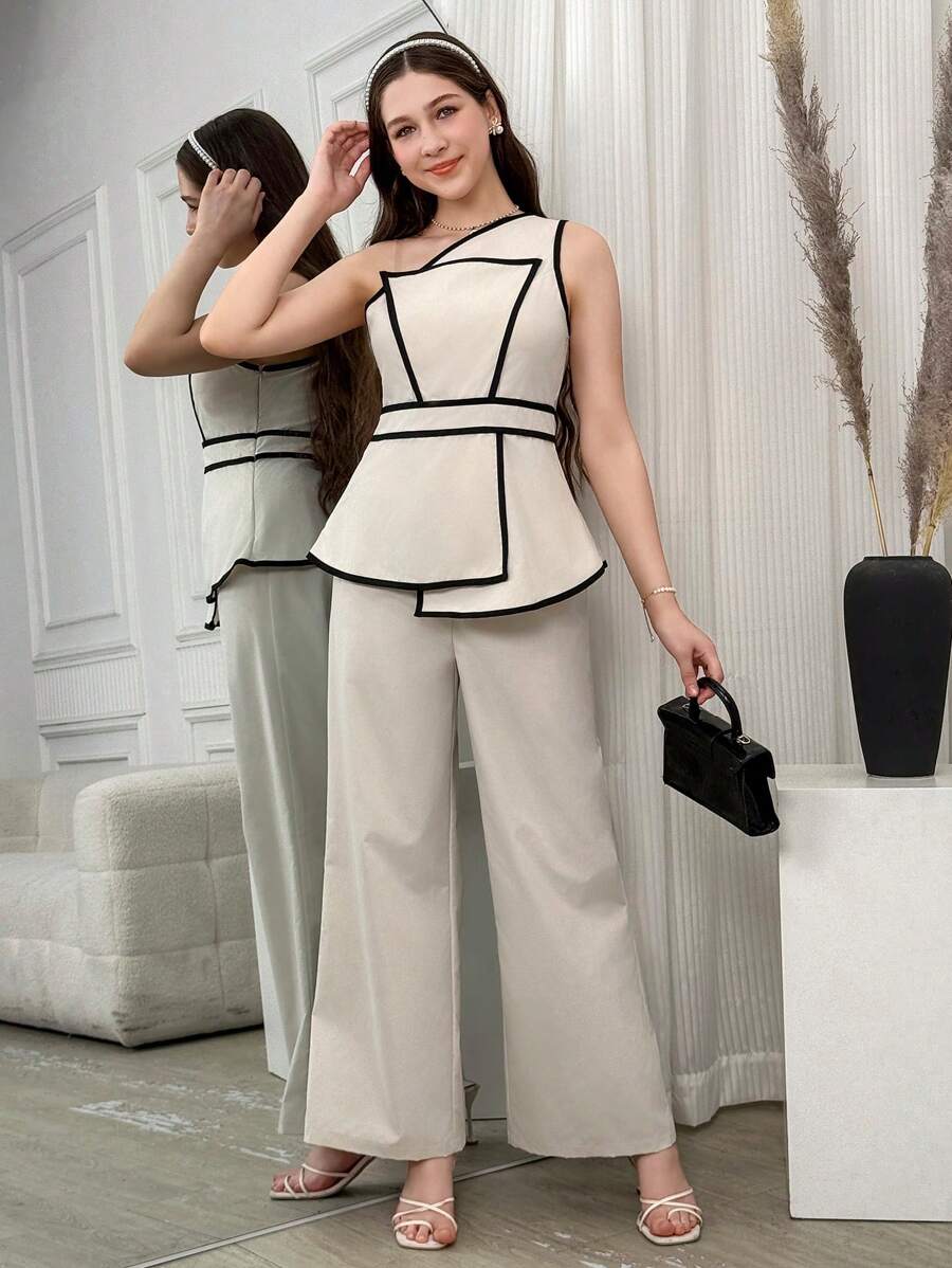 2pcs/Set Teen Girls Asymmetric Shoulder Top And Pants Set - Apricot - View 1