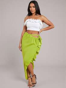 LUNA B 绿色绉纱镂空腰带不对称中长裙，适合夏季海滩度假女性 - 綠色 - 查看 1