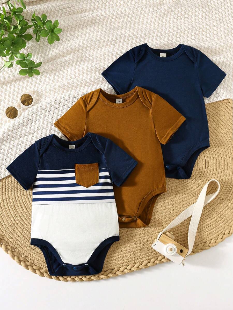 SHEIN 3pcs/Set Newborn Unisex Baby Cozy Casual Colorblock Short Sleeve Bodysuits & Pants Set, Suitable For Indoor, Outdoor, Daily, Sports, Party, Photo Shoot, Holiday, All Season