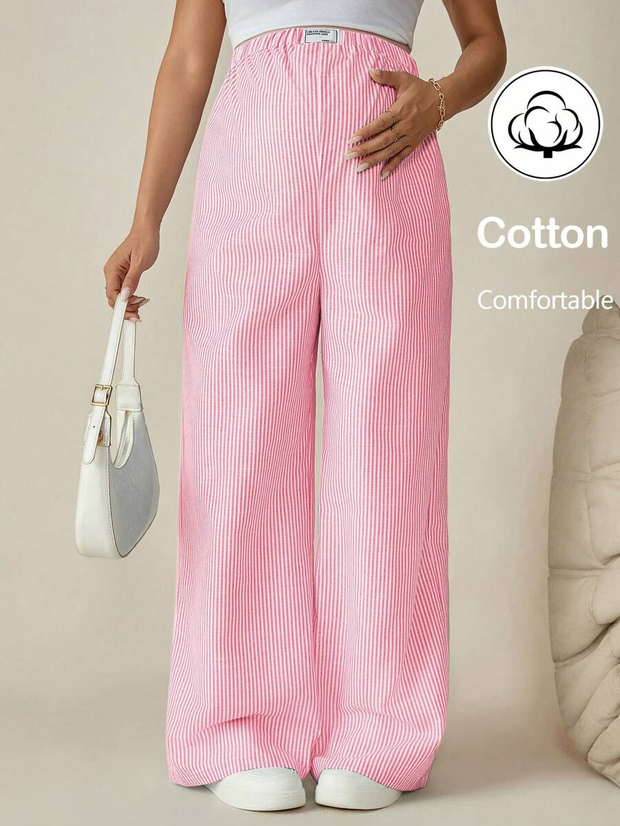 SHEIN Maternity Casual Striped Patchwork Elastic Waist Loose Wide Leg Pants