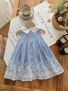 SHEIN LMoss Kids Babygirl Cute Casual Summer Striped Embroidered Peter Pan Collar Dress - Blue and White - View 2