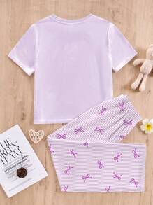 SHEIN 女童两件套宽松休闲短袖上衣和裤子睡衣套装 - 彩色 - 查看 3