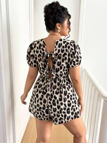 Elenzga Große Größen Sommer Blumen Dekor Leopard Muster Kurzarm Jumpsuit