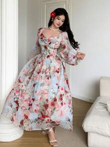 Modelyn Women's Floral Print Sweetheart Neck Lantern Sleeve Elegant Maxi Dress - Multicolor - View 6
