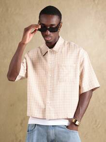 SUMWON Streetwear Short Sleeve Gingham Check Button Down Shirt Graphic Print Hotline Fashion Casual Summer Wear - Apricot - View 6