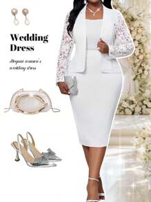 Fleurora 春季、夏季、秋季、冬季、优雅、派对、通勤、婚礼、情人节、鸡尾酒会、办公室、音乐会/音乐节、白色针织翻领、撞色蕾丝、金色纽扣、假口袋、长袖加大码西装外套和裙子套装 - 白色 - 查看 1