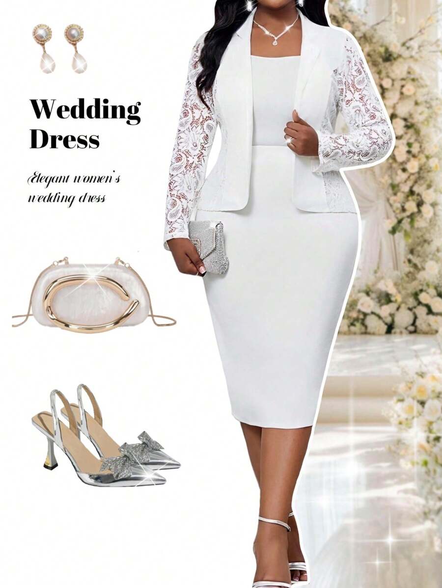 Fleurora 春季、夏季、秋季、冬季、优雅、派对、通勤、婚礼、情人节、鸡尾酒会、办公室、音乐会/音乐节、白色针织翻领、撞色蕾丝、金色纽扣、假口袋、长袖加大码西装外套和裙子套装 - 白色 - 查看 1