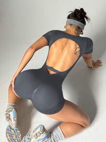 Easithlete Macacón deportivo sin espalda de unicolor y costura invisible para mujer - Gris - Ver 2