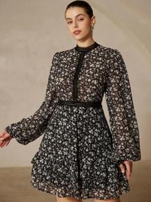 Revavyn 大码女式复古优雅碎花印花透明雪纺荷叶边泡泡袖系带性感迷你连衣裙 - 彩色 - 查看 3