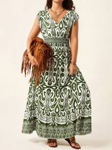 SHEIN LUNE 大码女式几何印花褶皱盖袖系腰连衣裙，夏季，褶皱荷叶边饰袖系腰分层喇叭下摆休闲度假连衣裙，带定位印花，骄傲月服装，佩利斯印花，毕业礼服，夏季服装，度假服装，长裙，收腰长裙，女士夏季服装，优雅连衣裙，女士波西米亚风/波西米亚风连衣裙，度假服装，度假优雅服装，度假礼服，度假优雅服装，浪漫优雅，老钱，通勤，优雅的日常派对活动，太阳裙 - 綠色 - 查看 2