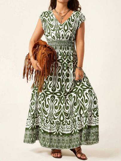 Freevana Plus Size Women Geometric Print Shirred Cap Sleeve Tie Waist Dress, Summer,Shirred Ruffle Trim Sleeve Tie Waist Layered Flare Hem Casual Vacation Dress For Women With Placement Print,Pride Month Apparel,Pellis Print,Graduation Dress,Summer Outfits,Holiday Outfits,Maxi Dress,Waist-Slimming Maxi Dress,Summer Outfits For Women ,Elegant Dresses, Women Boho/Bohemian Dress,Holiday Outfits,Holiday Elegant Outfits,Resort Dresses, Holiday Elegant Outfits,Romantic And Elegant, Old Money,Commute,Elegant Daily Party Event,Sundress