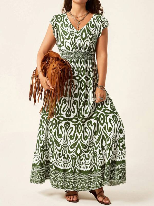 Freevana Plus Size Women Geometric Print Shirred Cap Sleeve Tie Waist Dress, Summer,Shirred Ruffle Trim Sleeve Tie Waist Layered Flare Hem Casual Vacation Dress For Women With Placement Print,Pride Month Apparel,Pellis Print,Graduation Dress,Summer Outfits,Holiday Outfits,Maxi Dress,Waist-Slimming Maxi Dress,Summer Outfits For Women ,Elegant Dresses, Women Boho/Bohemian Dress,Holiday Outfits,Holiday Elegant Outfits,Resort Dresses, Holiday Elegant Outfits,Romantic And Elegant, Old Money,Commute,Elegant Daily Party Event,Sundress