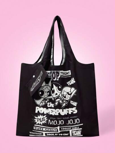 THE POWERPUFF GIRLS X SHEIN 1 件女士可折叠酷炫花朵、泡泡、毛茛图案沙滩包、手提包、健身包