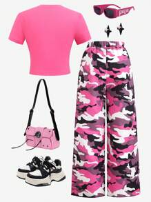 SHEIN 2 Stück/Set Tween Mädchen Camouflage Loose Woven Cargo Hose & Kurzarm T-Shirt, Schule, Campus, Uni, Streetwear