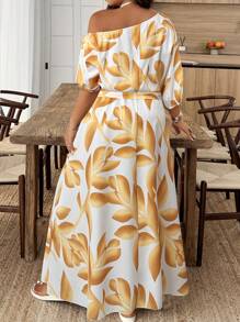 SHEIN Clasi 大码花卉印花不对称领口休闲连衣裙 - 黃色 - 查看 2