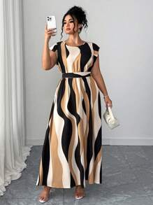 Vestido midi de verano casual para vacaciones de mujer talla grande, cuello redondo, mangas de campana, con rayas onduladas y cintura anudada - Multicolor - Ver 4