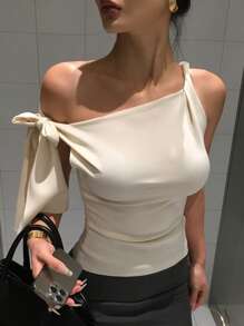 DAZY Asymmetrical Shoulder Tie Fitted Cropped Women's T-Shirt Going Out Tops - Apricot - View 3