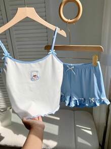 Comfortcana 2pcs Women Spaghetti Strap Top And Shorts Set, Fashion Summer Outfit - Blue and White - View 6