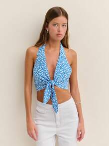 Nöista Sleeveless Halter Crop Top Tie Front Summer Spring Vacations Print And Smock Stitching Back - Blue - View 5