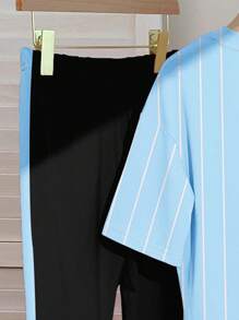 SHEIN Leap Crew 青少年女孩休闲简约短袖上衣和长裤两件套，适合夏季