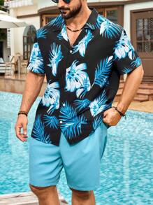 Manfinity Swimmode 加大码男士热带植物印花短袖衬衫和短裤沙滩套装，夏威夷男士度假服，男士度假装，男士度假服，男士泳池派对装，男士巴哈马装，男士夏威夷衬衫