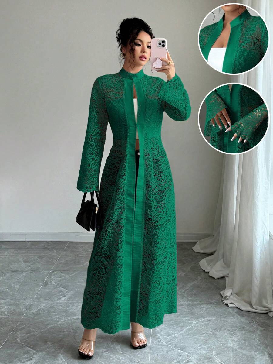 Elenzga Ladies Long Sleeve Thin Floral Lace Solid Color Jacket, 2025 New Arrival - Dark Green - View 1