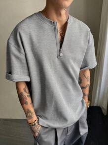 DAZY Men's Solid Color 1/3 Zip Neck T-Shirt, Gray Textured Fabric, Summer - Grey - View 1