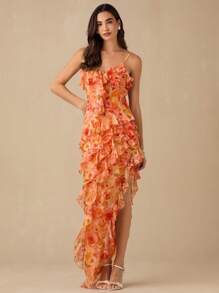 Enchnt Spring/Summer Romantic Women's Sunshine Orange Floral Print Spaghetti Strap High Slit Ruffled Hem Maxi Dress,Sweet&Elegant&Sexy For Vacation&Beach&Date&Holiday&Party&Graduation&Wedding Guest,Prom Dress,Summer Dresses For Women,Sun Dresses For Women,Summer Clothes - Orange - View 1