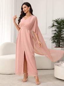 SHEIN Najma Áo choàng Thổ Nhĩ Kỳ thanh lịch dành cho nữ có tay áo choàng và viền xẻ - Hồng - Xem 3