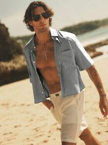 HIMLAND 男士修身条纹梭织短袖休闲衬衫 - 黑色 - 查看 4