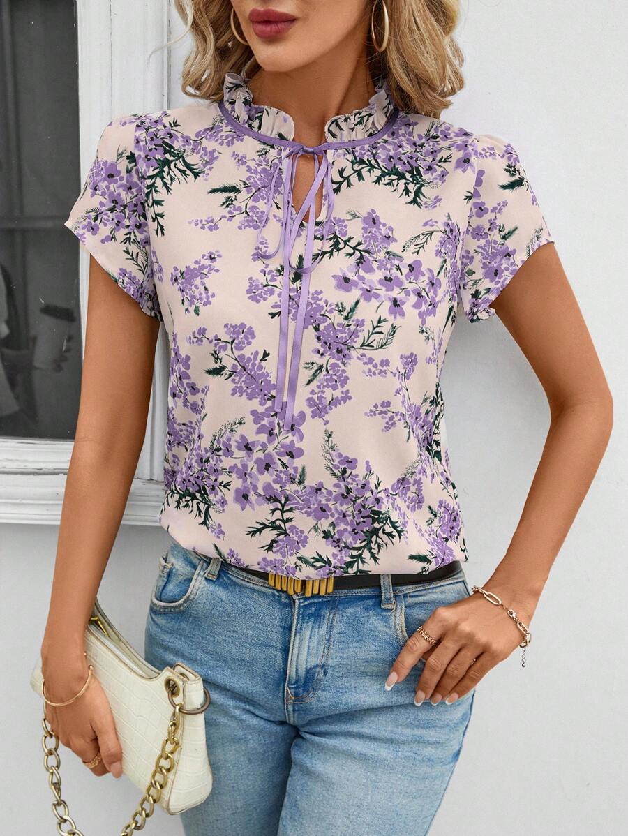 SHEIN Clasi 女式度假花卉印花荷叶边系带衬衫，夏季