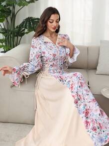 Al Najma 女式立领侧系带花卉印花端庄优雅土耳其和阿拉伯风格长裙，春夏 - 彩色 - 查看 6