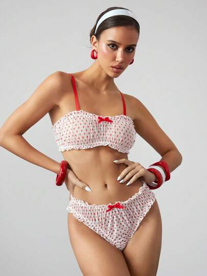 ROMWE Avant طقم ملابس داخلية لامرأة بإصدار شيك/أنيق الطراز السيسيلي، نقشة نقاط البولكا مع فيونكة زينة، خالي من الأسلاك، إغراء وجرأة