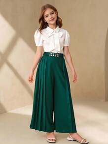 Elegant Vintage Collared Short Sleeve Solid Top With Detachable Bow Accent And High Waist Pleated Wide Leg Solid Color Pants Set For Tween Girls, Summer - Green - View 1