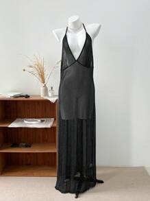 Dazy Plus Mesh Sheer Long Camisole Lingerie - Black - View 6