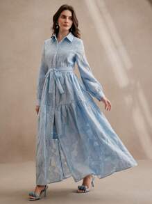 Anewsta 新款优雅纹理提花女式长袖连衣裙，春夏 - 藍色 - 查看 3