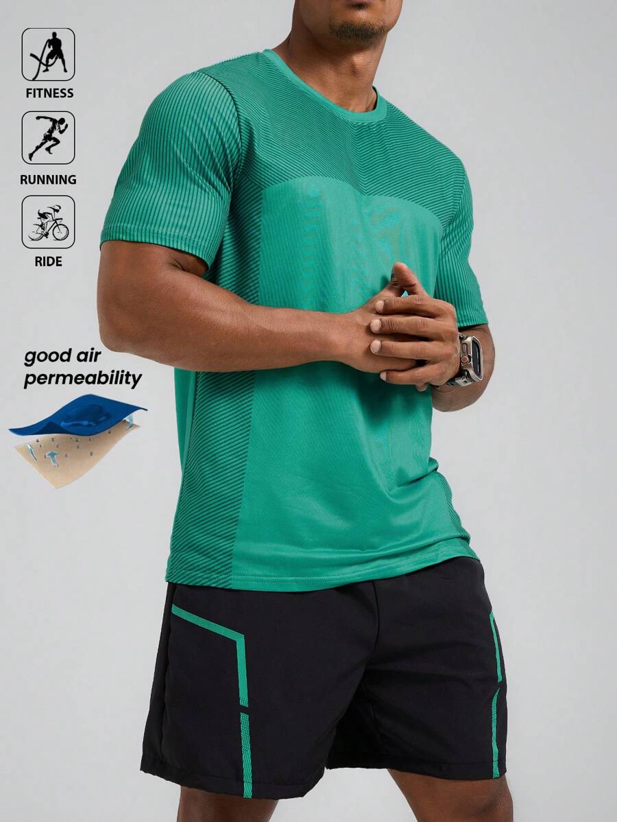 Manfinity Sport Polished Conjunto de ropa deportiva de 2 piezas para hombre con Top de cuello redondo de manga corta en verde y pantalones cortos negros - Conjunto de ropa para entrenamiento, correr