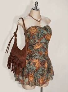 SHEIN ICON 大码褶饰低腰佩斯利印花吊带连衣裙，夏季连衣裙，适合音乐节、Y2K、毕业季和返校季、暑假 - 彩色 - 查看 3