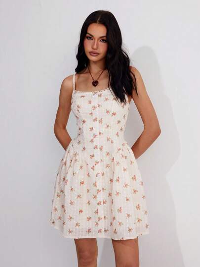 Roylia Women's Ditsy Floral Embossed Slip Dress With Waist Cinching