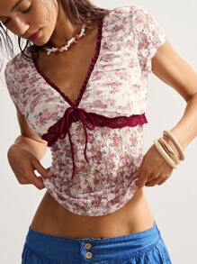 Bohemela 波西米亚风独立日花卉撞色领休闲针织V领短袖修身女式T恤