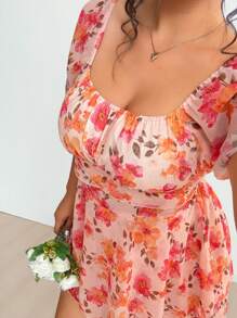 Flirla Plus Size Spring/Summer Plus Size Round Neck Chiffon Fashion Elegant Cute Romantic Floral Batwing Sleeve Romper For Beach Holiday - Multicolor - View 3