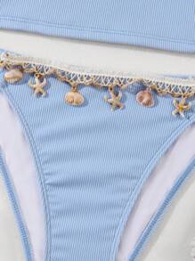 Tankinis für Tween Kleine Mädchen, 2 Stücke, einfarbig, gerippter Stoff mit Muschelquaste, geeignet für den Strandurlaub, Sommeroutfits für Kleine Mädchen, Sets für Kleine Mädchen, Badeanzüge für Teenager, Bikini-Sets für Teenager, Badeanzüge für Teenager, Bikini-Sets für Teenager, Bikini-Sets für Teenager, Western-Badeanzüge für Teenager