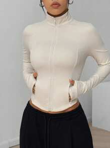 SHEIN EZwear Chaqueta entallada de punto con cremallera color albaricoque para mujeres